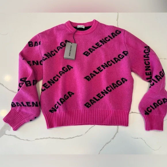Balenciaga Sweaters Nwt Balenciaga Hot Pink Black Embroidered Logo Wool Sweater 555272 Never Worn Poshmark